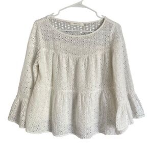 Mustard Seed Cotton Eyelet Babydoll Top Blouse White Scoop Neck Sz M